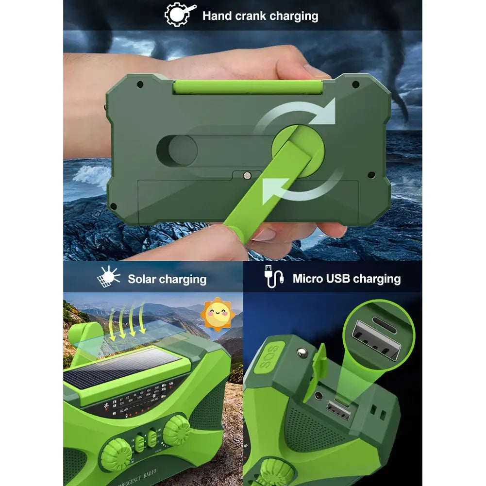 12000mAh Hand Crank Solar Power Radio Portable AM/FM/NOAA Weather Radio with LED Flashlight Power Bank Outdoor