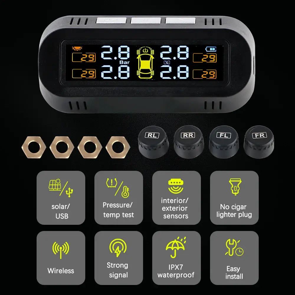 Digital Tire Pressure Monitoring System with 4 Solar Sensors for Car Safety and Fuel Savings