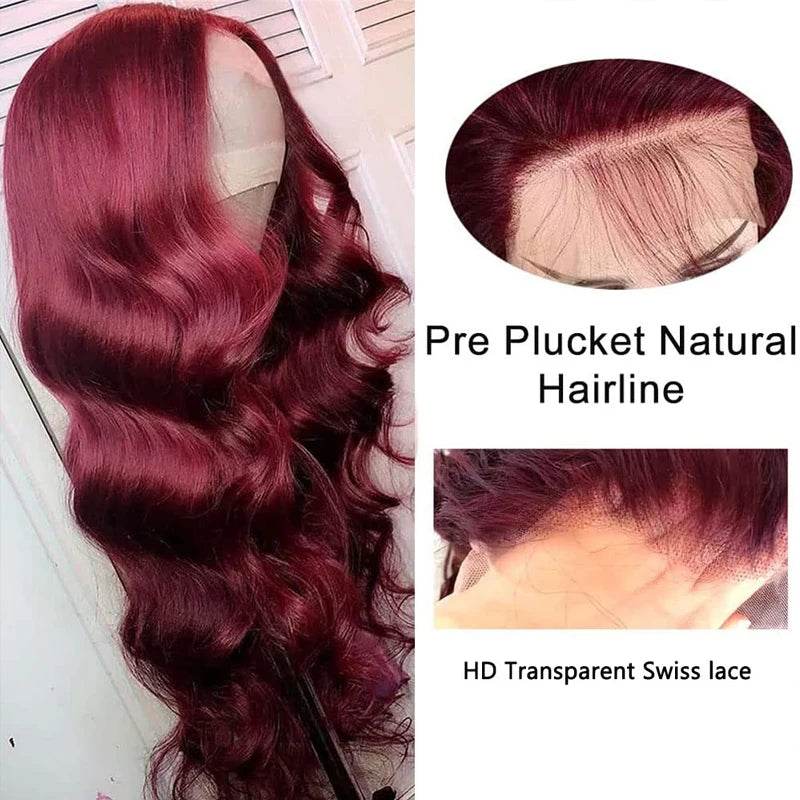 13X6 Body Wave Lace Frontal Human Hair Wig Burgundy 99J - Estalios