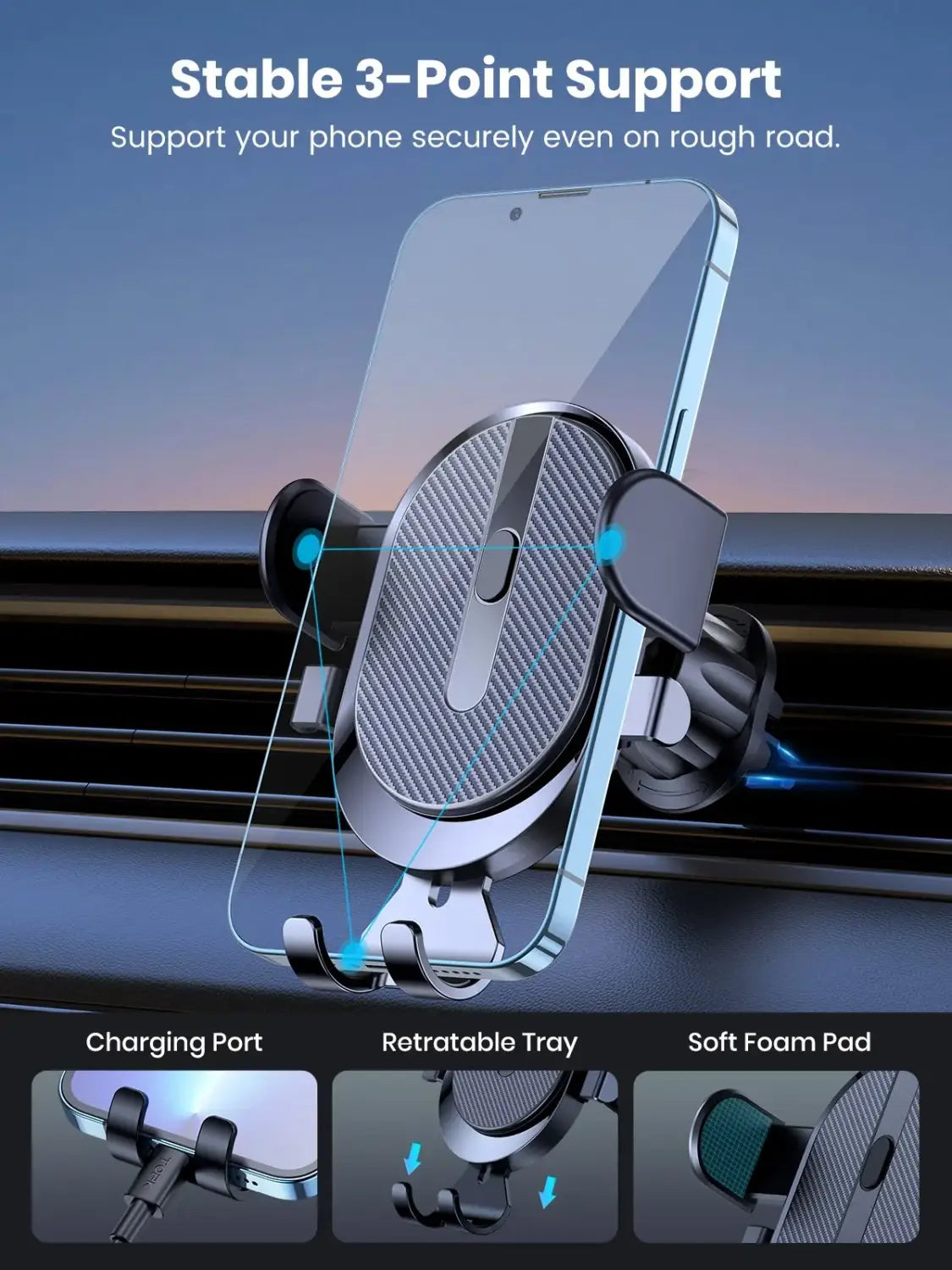 TOPK Car Phone Holder Mount with charging, retractable tray, and soft foam pad.