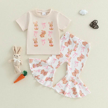 Girls Easter Outfit Short Sleeve O Neck Bow Bunny Print Top and Flared Pants Set with Matching Headband - Estalios