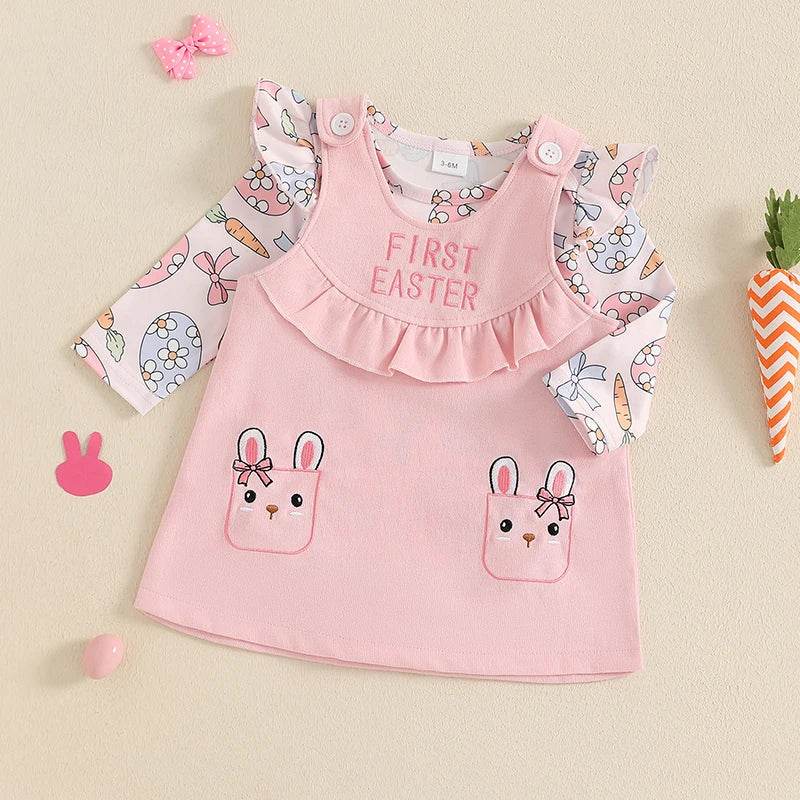 Toddler Boys Easter Outfits Chick Print Short Sleeves Romper with Carrot Embroidery Overall Shorts and Hat Set - Estalios