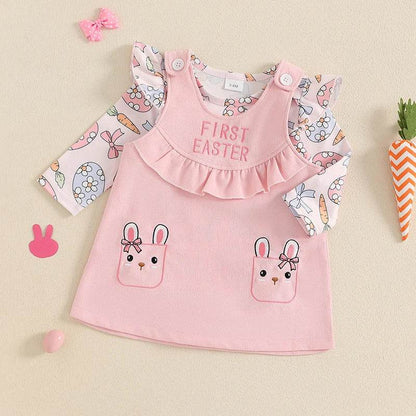 Toddler Boys Easter Outfits Chick Print Short Sleeves Romper with Carrot Embroidery Overall Shorts and Hat Set - Estalios