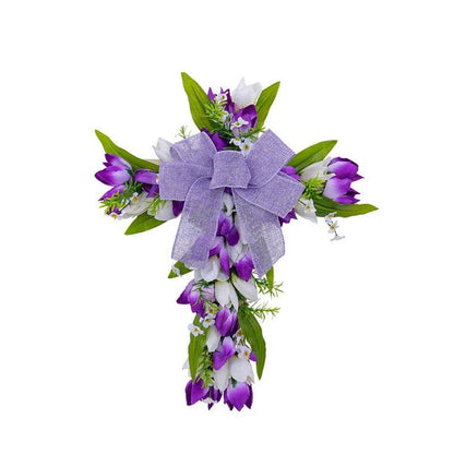 Spring Easter Front Door Wreath Decoration Handmade Floral Wreath Church Wreath Easter Cross Wreath for Front Door - Estalios