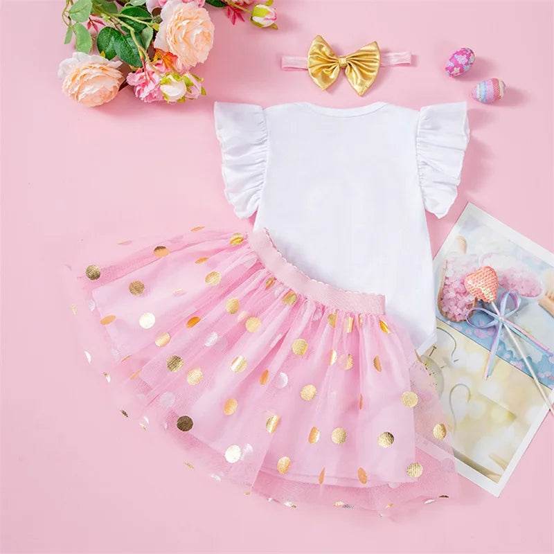 Toddler Girls Spring Floral Print Ruffle Sleeve Romper with Matching Bow Headband and Tulle Skirt - Easter Outfit - Estalios