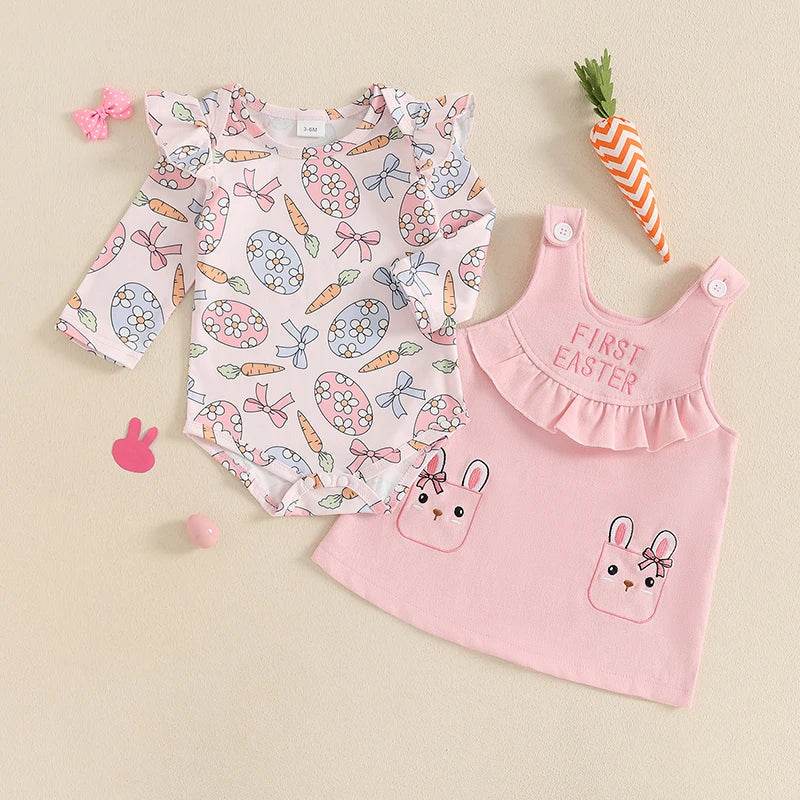 Toddler Boys Easter Outfits Chick Print Short Sleeves Romper with Carrot Embroidery Overall Shorts and Hat Set - Estalios