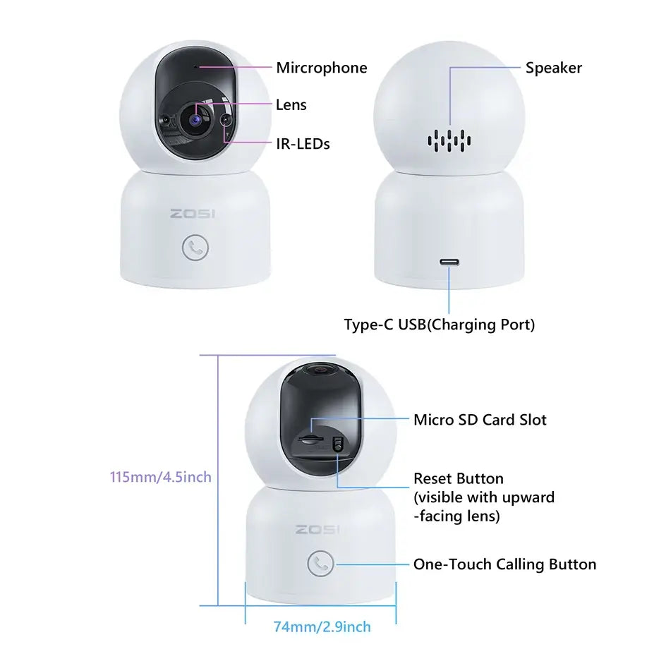 Cámaras inteligentes para bebés ZOSI con WiFi, PTZ, seguimiento automático, IA, panorámica de 360°, videovigilancia para interiores