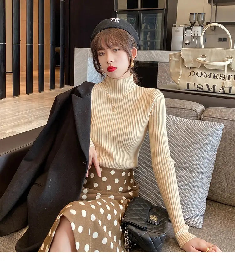 Suéter de cuello alto de punto básico sólido elegante para mujer