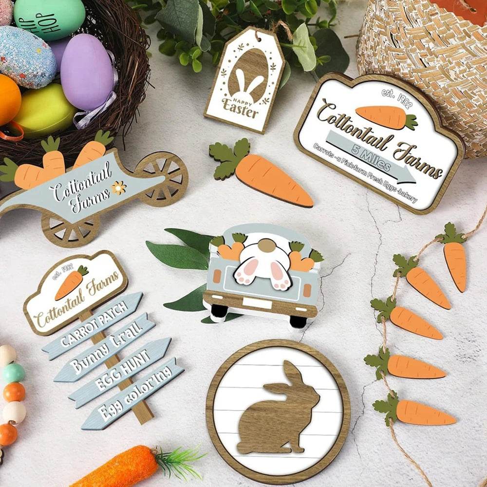 Easter Bunny Carrots Wooden Tiered Tray Decorations Happy Easter Day Decor Heart Wooden Tabletop Signs Sets Table Centerpiece - Estalios