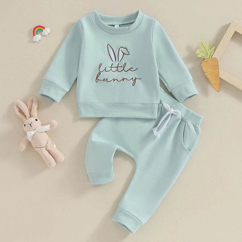 2023-11-07 Lioraitiin 0-3Y Toddler Girls Easter Outfit Letter Bunny Embroidery Long Sleeve Sweatshirt and Elastic Waist Pant Set - Estalios