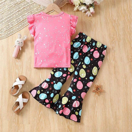 Adorable Baby Girl Easter Outfit Set with Short Sleeve Top and Flare Pants - Cute Toddler Clothing for Spring Festivities - Estalios