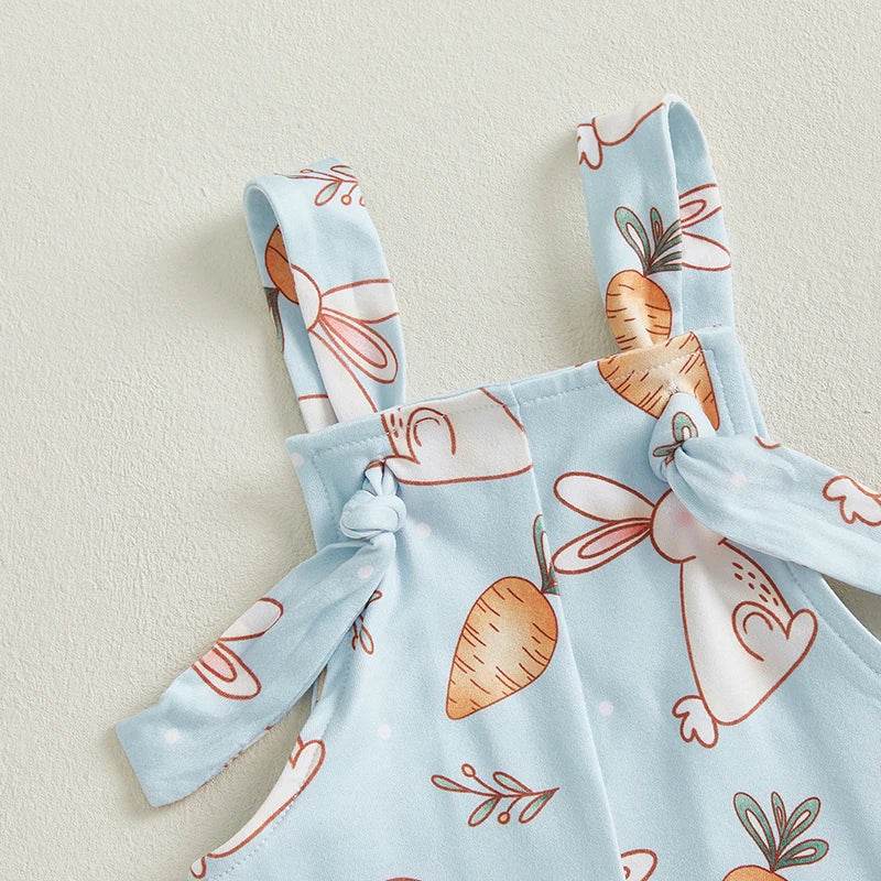 Easter Bunny Print Toddler Boy Sleeveless Square Neck Suspender Romper with Carrot and Cross Design - Estalios