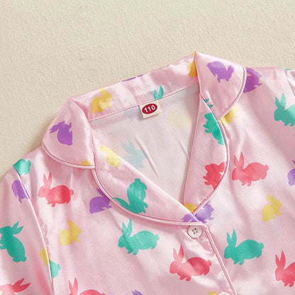 Women s Easter 2-Piece Pajama Set with Short Sleeve Lapel Bunny Print Shirt and Shorts for Comfortable Sleepwear - Estalios