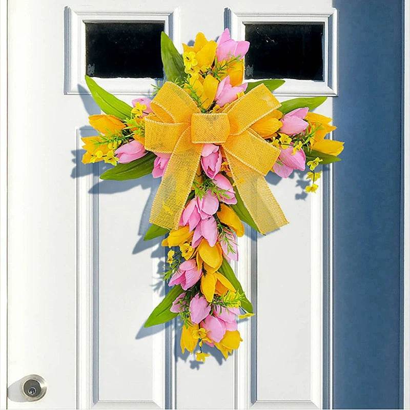 Spring Easter Front Door Wreath Decoration Handmade Floral Wreath Church Wreath Easter Cross Wreath for Front Door - Estalios