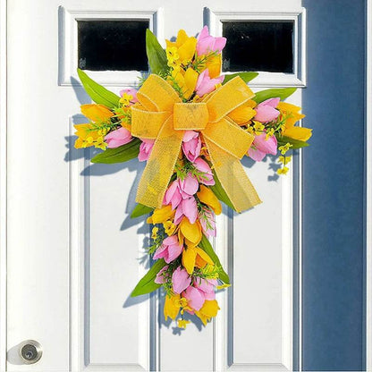 Spring Easter Front Door Wreath Decoration Handmade Floral Wreath Church Wreath Easter Cross Wreath for Front Door - Estalios