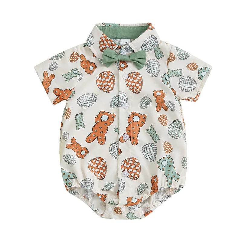 Adorable Infant Easter Outfit with Bunny Pattern Short Sleeve Lapel Collar Bodysuit and Bowtie for Spring and Summer - Estalios