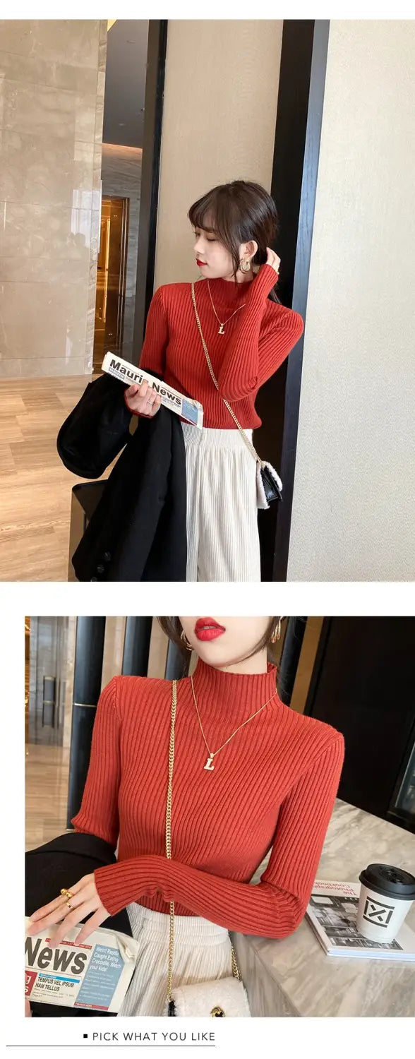 Suéter de cuello alto de punto básico sólido elegante para mujer