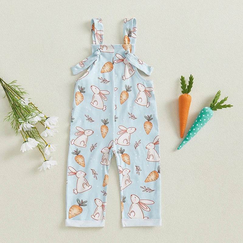 Easter Bunny Print Toddler Boy Sleeveless Square Neck Suspender Romper with Carrot and Cross Design - Estalios
