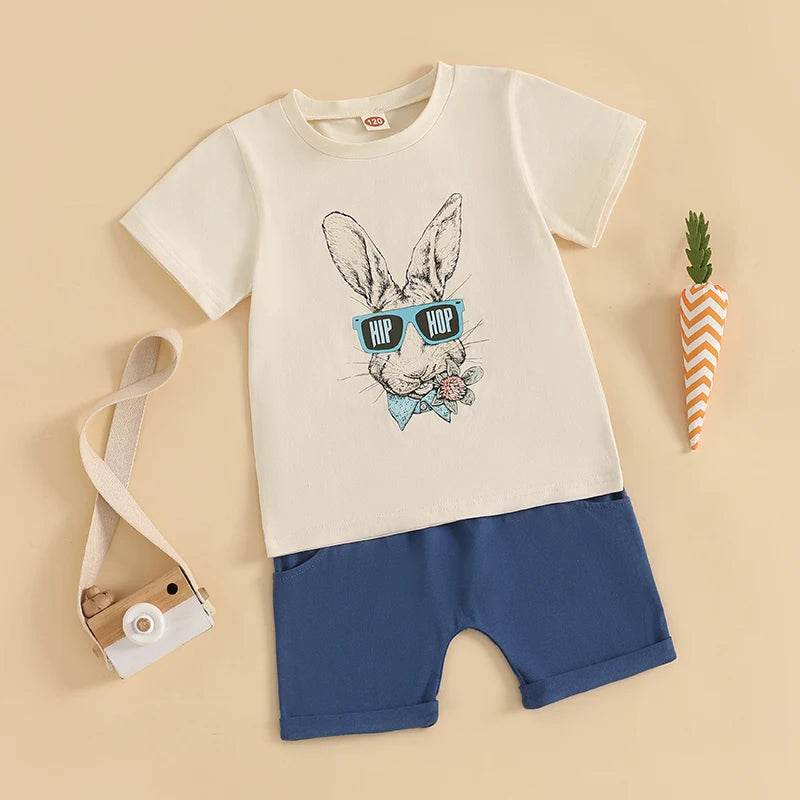 Adorable Toddler Boys Easter Outfits with Bunny Print Round Neck Short Sleeve T-Shirts and Elastic Waist Shorts - 2 Piece - Estalios