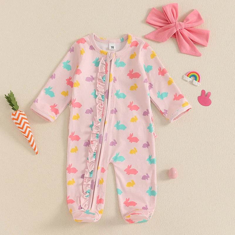 Toddler Girl 2-Piece Easter Dress Set with Bunny Print Long Sleeve Ruffle Jumpsuit and Matching Headband - Adorable Newborn - Estalios
