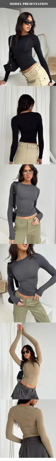 Women’s Solid Color Long Sleeve Shirt Fashion 2024 Crop Top Base Layered Exercise Temperament Y2K Top Base Tops