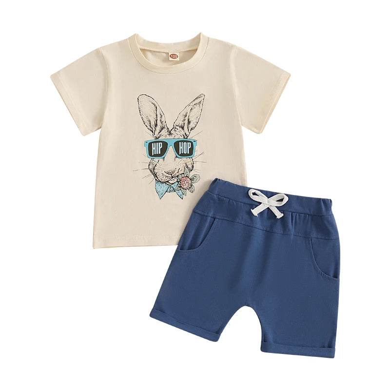 Adorable Toddler Boys Easter Outfits with Bunny Print Round Neck Short Sleeve T-Shirts and Elastic Waist Shorts - 2 Piece - Estalios