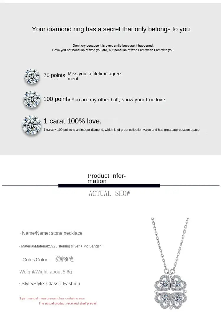 Sterling Silver S925 Four-Leaf Clover Necklace with Light Luxe Mosan Diamond Pendant for Elegant Women