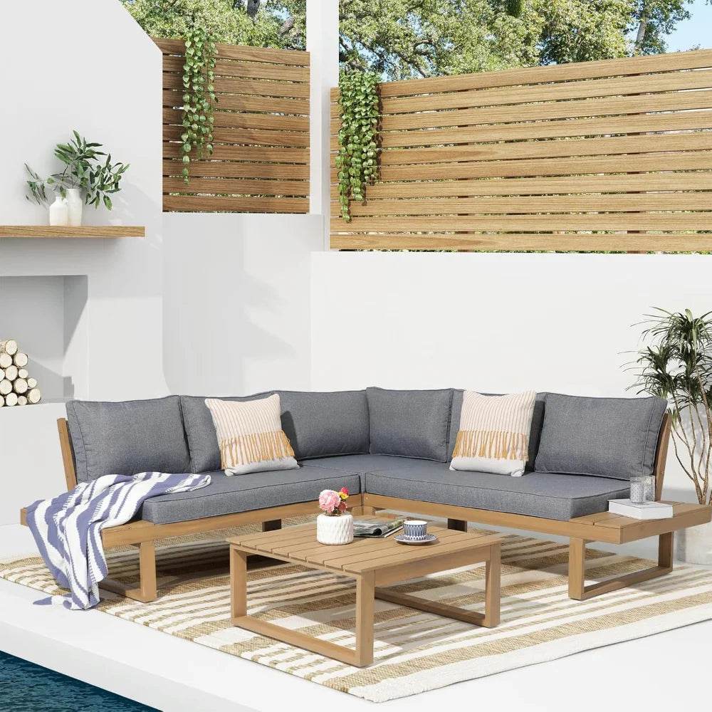 Acacia Wood Outdoor Sectional Sofa Set with Coffee Table - Estalios