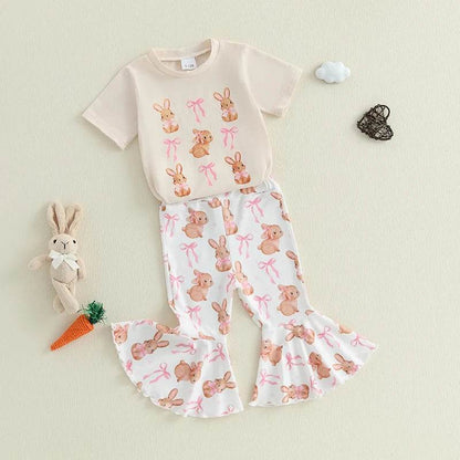 Girls Easter Outfit Short Sleeve O Neck Bow Bunny Print Top and Flared Pants Set with Matching Headband - Estalios