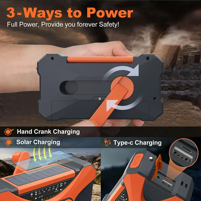 12000mAh Hand Crank Solar Power Radio Portable AM/FM/NOAA Weather Radio with LED Flashlight Power Bank Outdoor