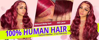 13X6 Body Wave Lace Frontal Human Hair Wig Burgundy 99J - Estalios