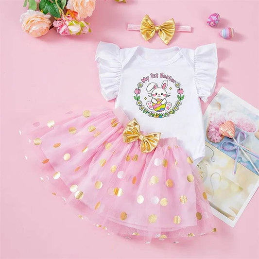 Toddler Girls Spring Floral Print Ruffle Sleeve Romper with Matching Bow Headband and Tulle Skirt - Easter Outfit - Estalios