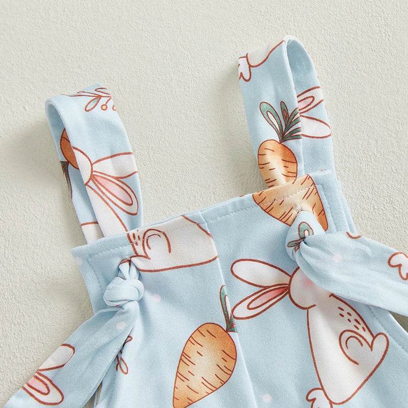 Easter Bunny Print Toddler Boy Sleeveless Square Neck Suspender Romper with Carrot and Cross Design - Estalios