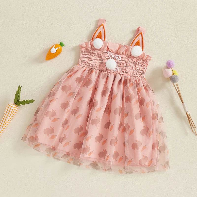 Girls Easter Bunny Print Sleeveless Dress Summer Fashion Casual Kids Princess Dress with Carrot Pattern - Estalios