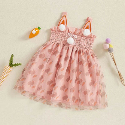 Girls Easter Bunny Print Sleeveless Dress Summer Fashion Casual Kids Princess Dress with Carrot Pattern - Estalios