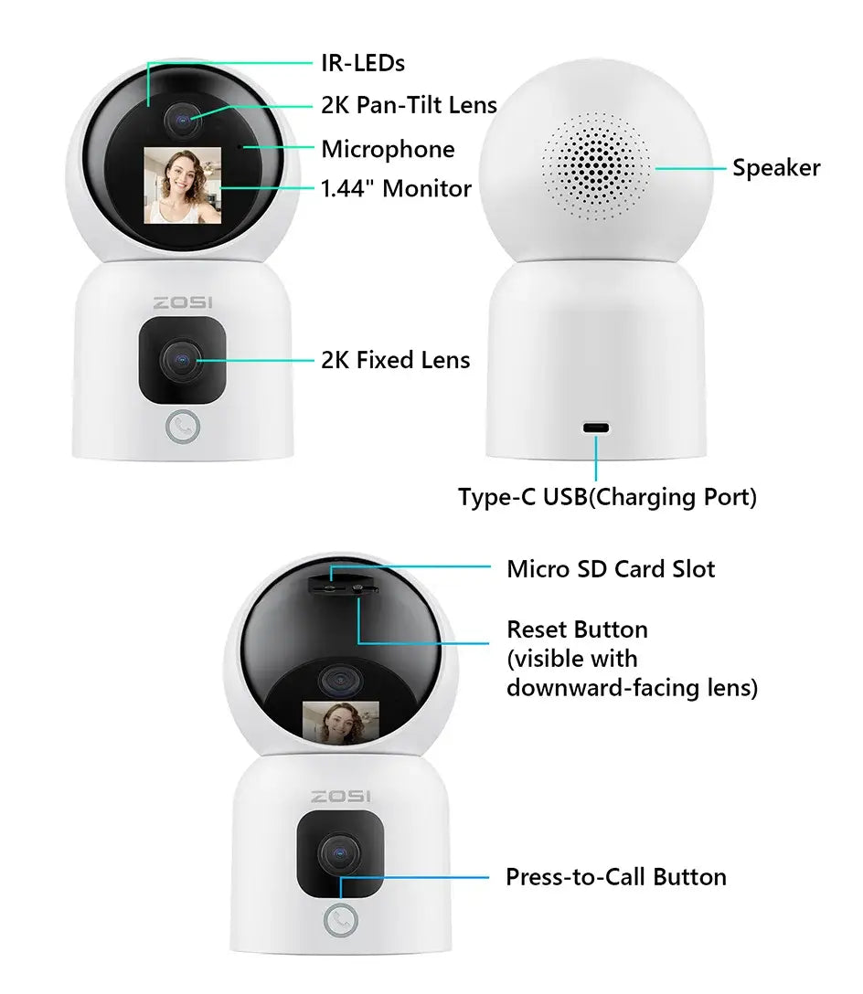 Cámaras inteligentes para bebés ZOSI con WiFi, PTZ, seguimiento automático, IA, panorámica de 360°, videovigilancia para interiores