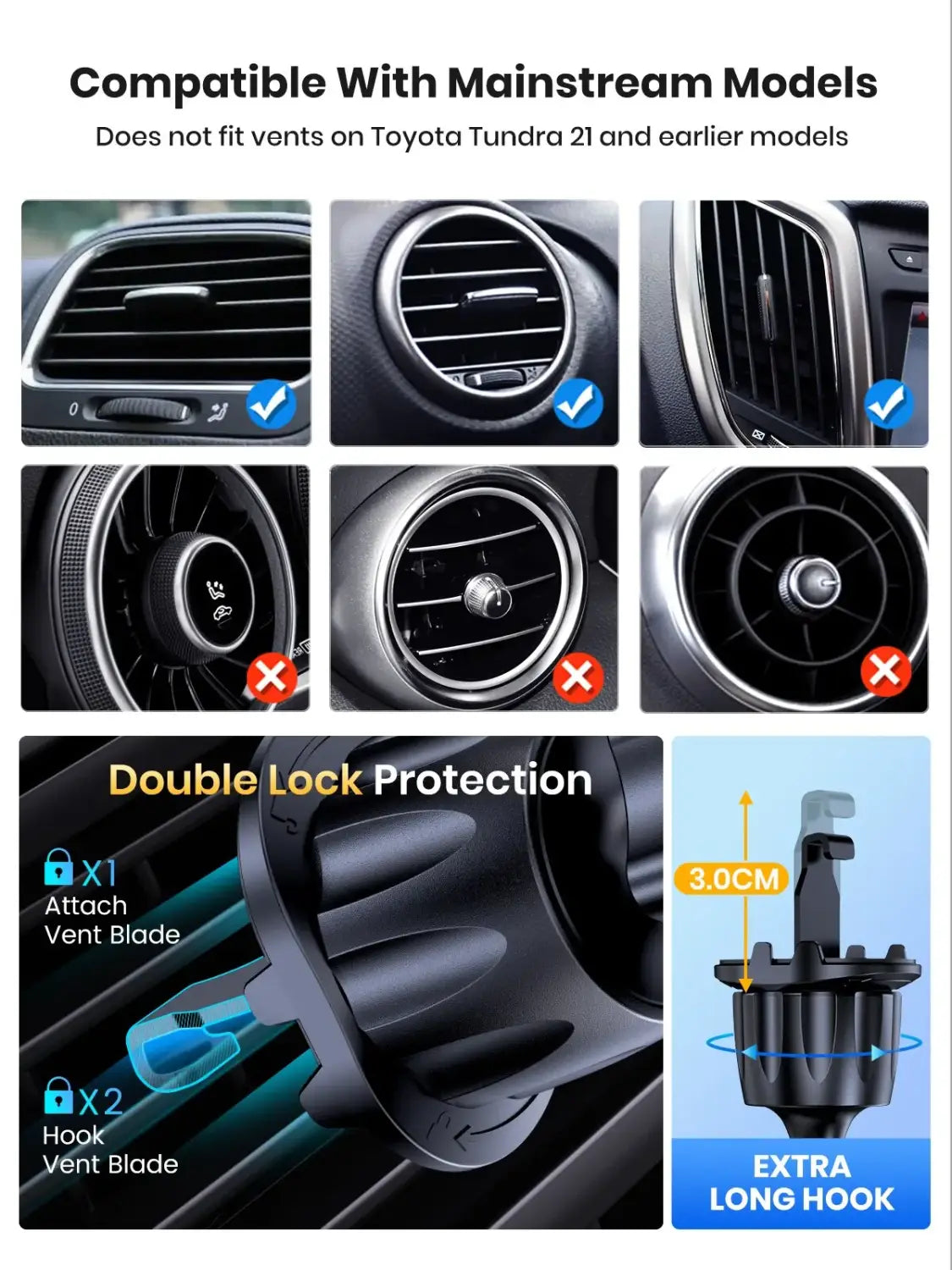 Car vent phone mount compatibility guide for TOPK Auto Locking Holder for iPhone Samsung.