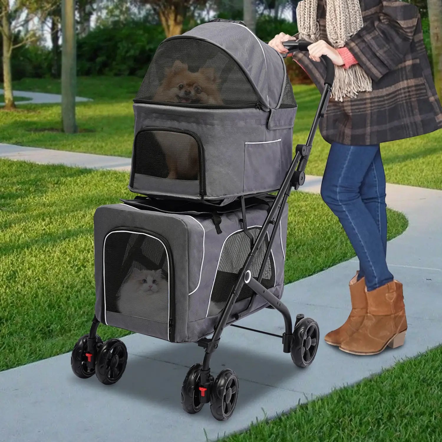 Cochecito plegable para perros y gatos, doble portador desmontable, fácil de transportar