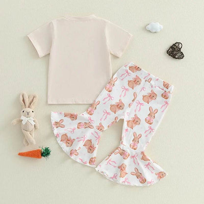 Girls Easter Outfit Short Sleeve O Neck Bow Bunny Print Top and Flared Pants Set with Matching Headband - Estalios