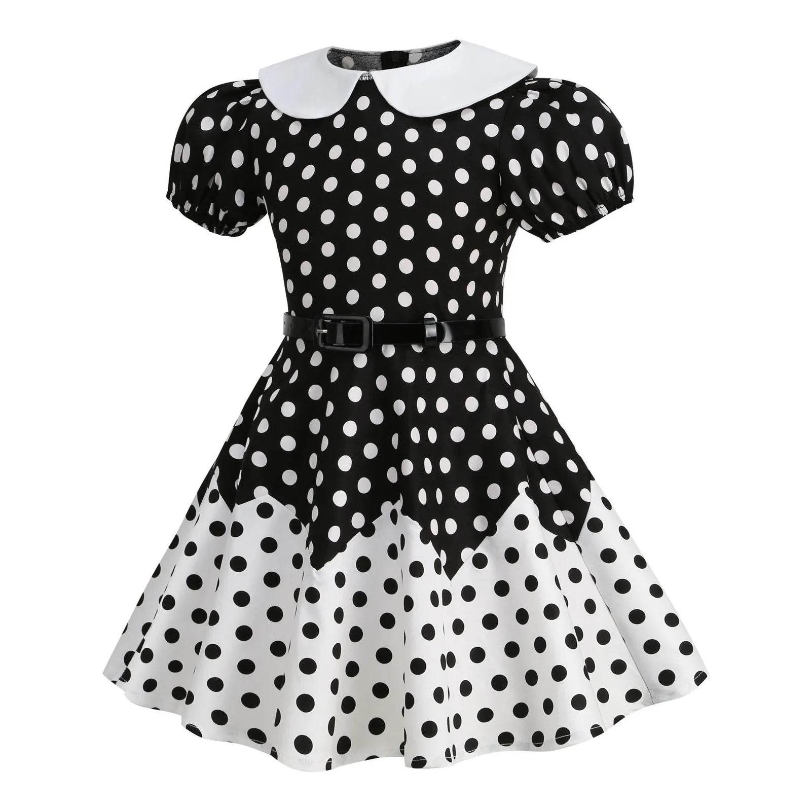 Kids Girls Vintage Dress Easter Polka Dots Print Dress Daily Birthday Dress Short Sleeve Perter Pan Collar 1950s Princess Dress - Estalios
