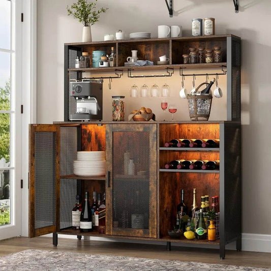 Wine Bar Cabinet with LED Lights and Ample Storage Space - Estalios