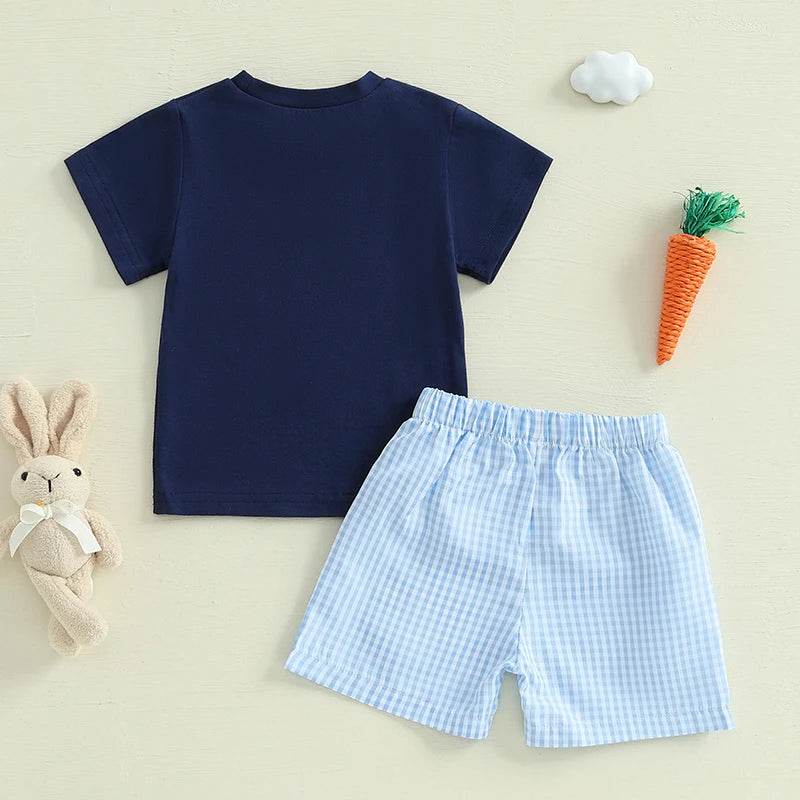 2024-11-25 Lioraitiin 0-3Y Toddler Baby Boy Easter Outfit Bunny/Cross Short Sleeve T-shirt Plaid Shorts 2pcs Summer Set - Estalios