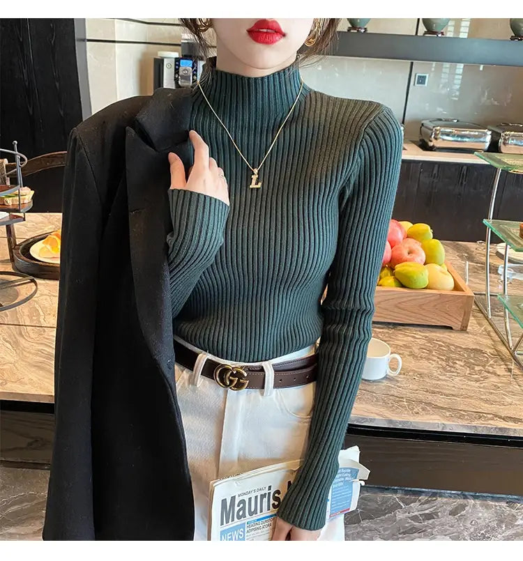 Suéter de cuello alto de punto básico sólido elegante para mujer