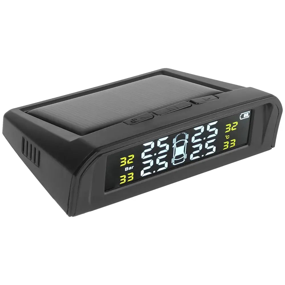 Black solar-powered Tire Pressure Monitoring System with 4 external sensors for safe driving