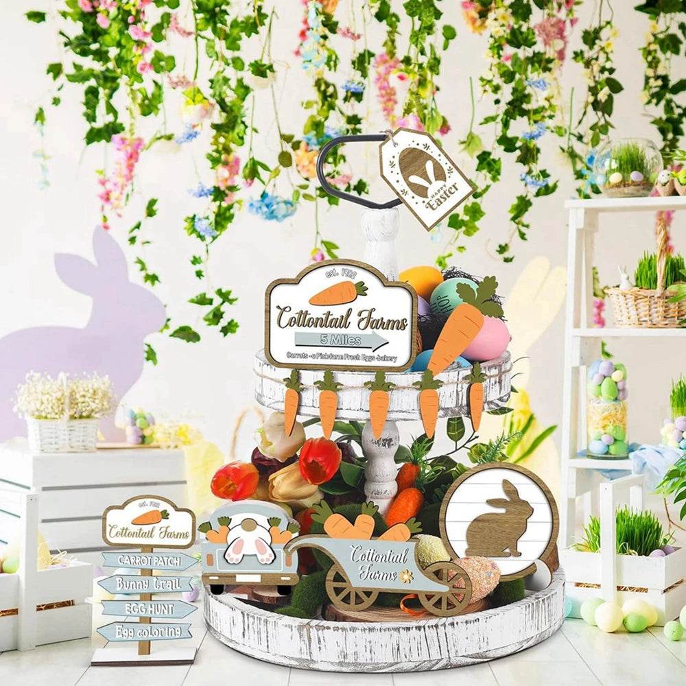 Easter Bunny Carrots Wooden Tiered Tray Decorations Happy Easter Day Decor Heart Wooden Tabletop Signs Sets Table Centerpiece - Estalios