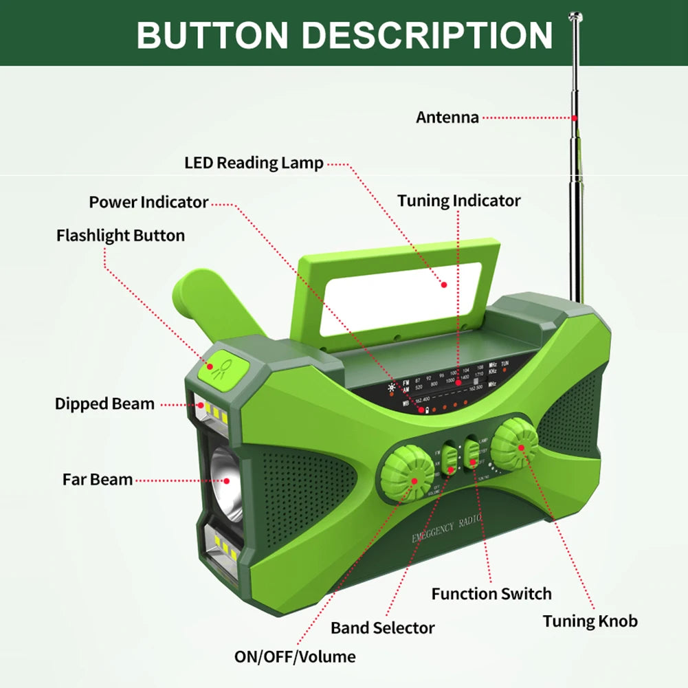 12000mAh Hand Crank Solar Power Radio Portable AM/FM/NOAA Weather Radio with LED Flashlight Power Bank Outdoor