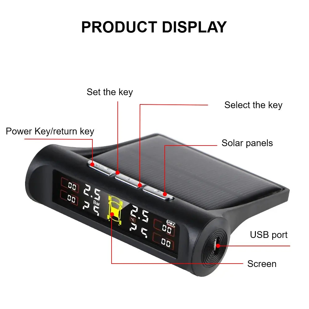 Black solar-powered Tire Pressure Monitoring System with 4 external sensors for cars.