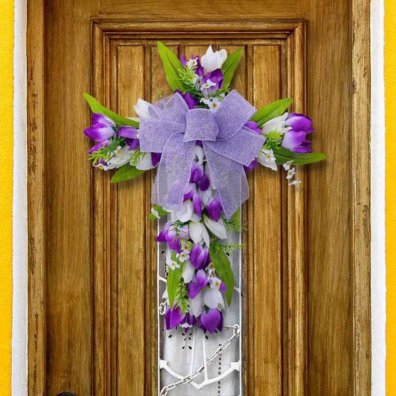 Spring Easter Front Door Wreath Decoration Handmade Floral Wreath Church Wreath Easter Cross Wreath for Front Door - Estalios