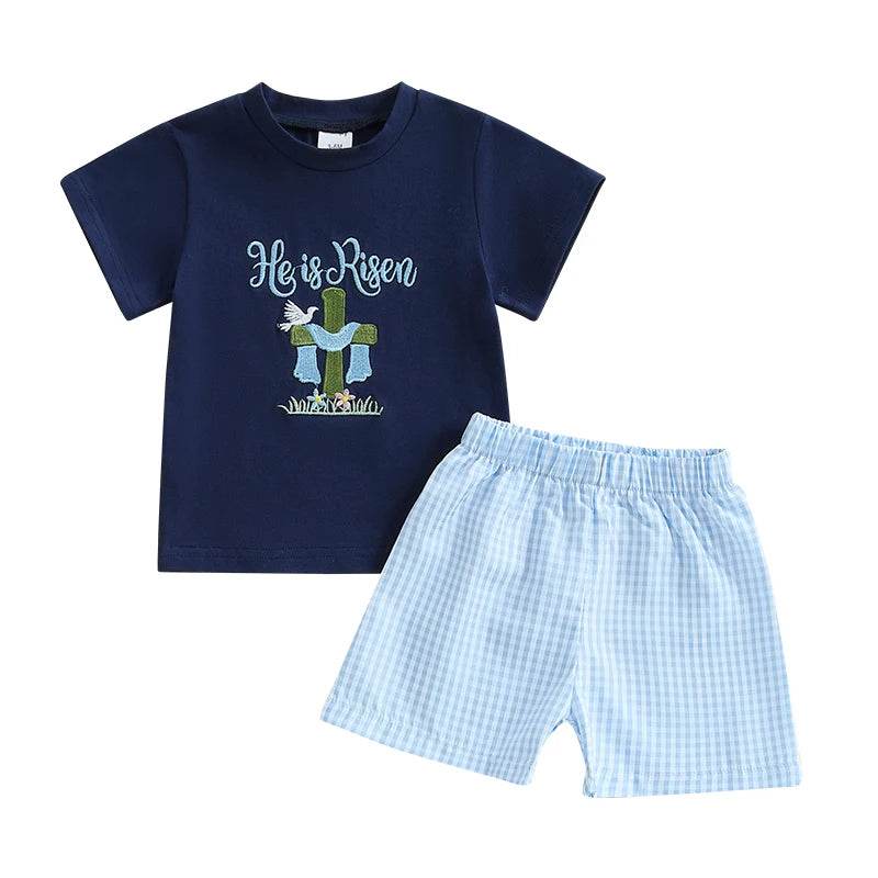 2024-11-25 Lioraitiin 0-3Y Toddler Baby Boy Easter Outfit Bunny/Cross Short Sleeve T-shirt Plaid Shorts 2pcs Summer Set - Estalios