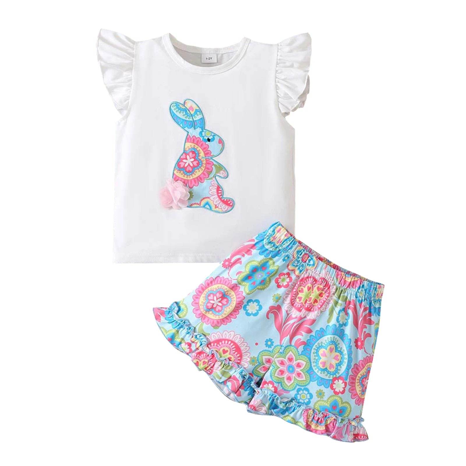 Toddler Girl 2-Piece Easter Outfits with Bunny Embroidery Top and Shorts Set for Spring Adorable Fly Sleeve Clothes - Estalios